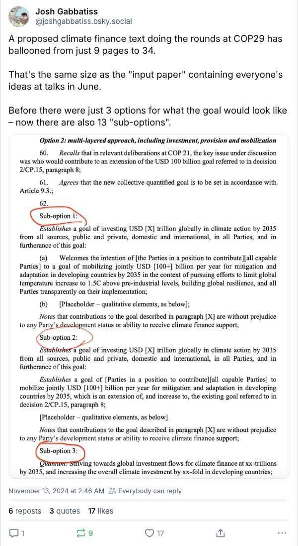 Josh Gabbatiss on X: A proposed climate finance text doing the rounds at COP29 has ballooned from just 9 pages to 34. 
